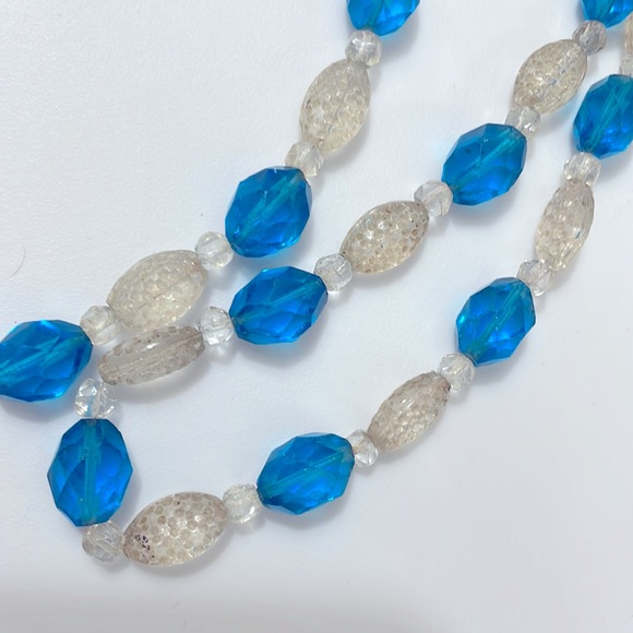 Vintage Jewelry - Vintage Glass Beaded Necklace Bright Blue & Clear Statement Necklace